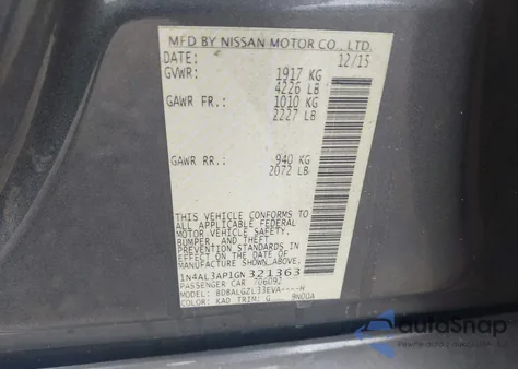 2016 Nissan Altima 2.5 S z USA, uszkodzony, nr VIN 1N4AL3AP1GN321363